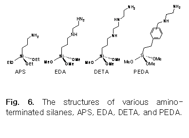 Text Box:  


Fig. 6. The structures of various amino-terminated silanes, APS, EDA, DETA, and PEDA.
